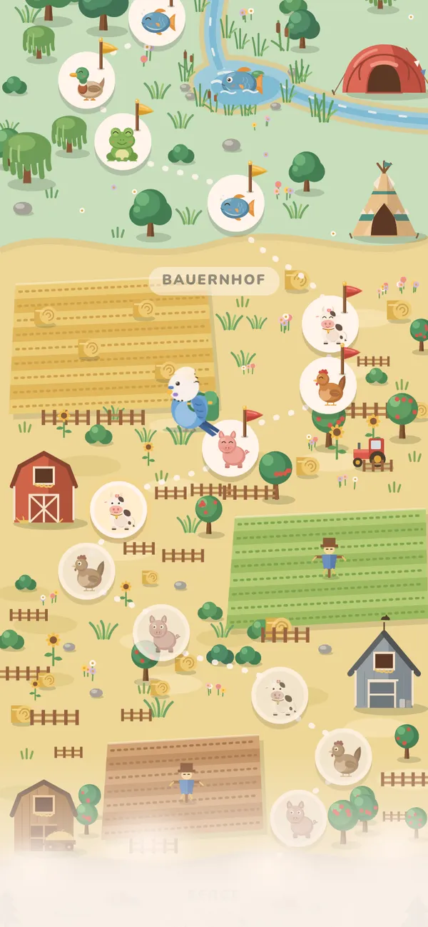 Die Karte mitten auf der Reise: der Bauernhof, geschaffte Stationen mit Fähnchen, weiter unten Nebel